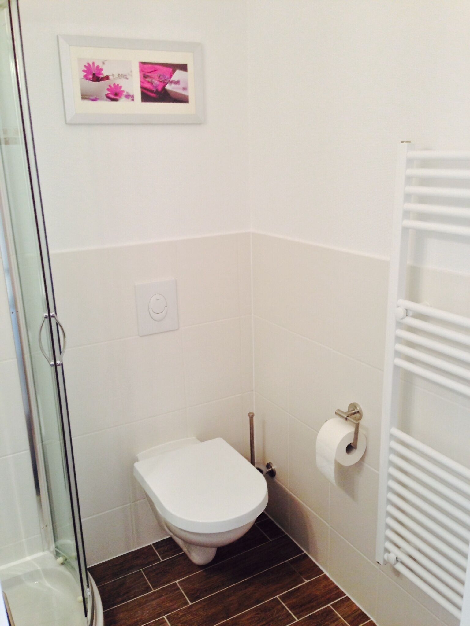 Un baño pequeño con inodoro, cabina de ducha de vidrio y un perchero blanco.
