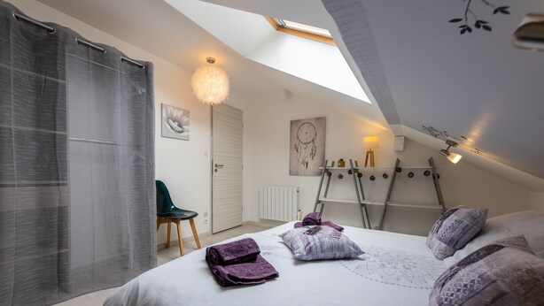 A bedroom with a skylight, a bed with purple towels, a ladder, and a dreamcatcher on the wall.