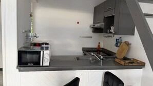 Pieni, käytännöllinen keittiö, jossa on mikroaaltouuni, vedenkeitin ja pesuallas.