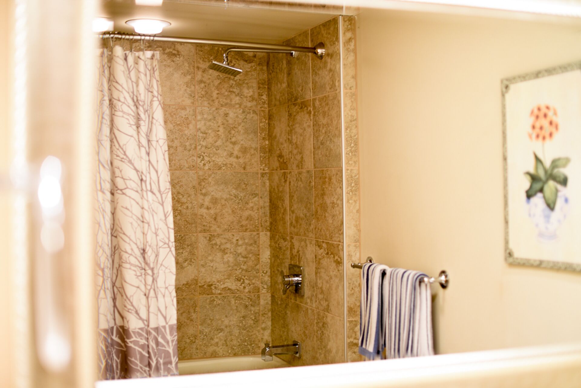 Un baño con ducha, paredes de azulejos, un perchero y un cuadro en la pared.