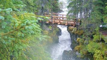 A waterfall with a wooden bridge.
