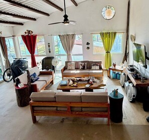 Älytelevisio, takka, kirjoja, videokirjasto