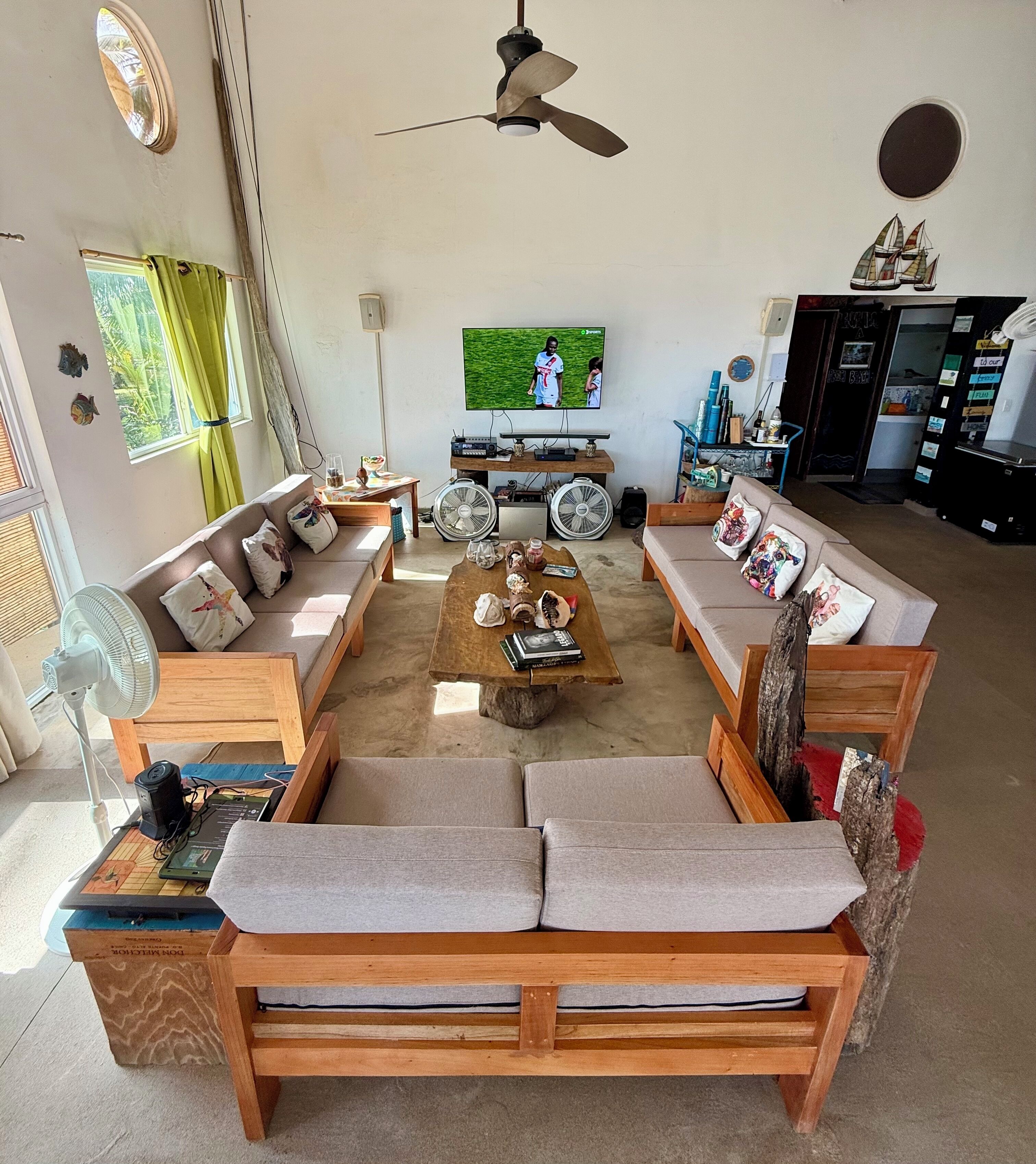 Smart TV, fireplace, books, video library