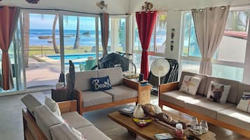 Smart TV, fireplace, books, video library