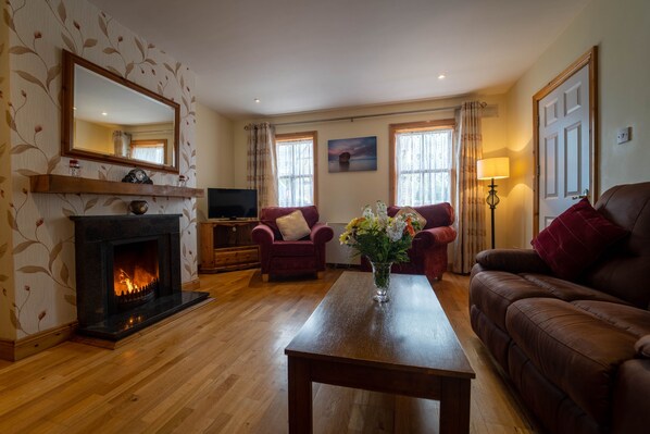 A living room with a fireplace, two armchairs, a sofa, a coffee table, and a television. - Spacious Comfortable Holiday Home in the Heart of Dingle (Dingle)