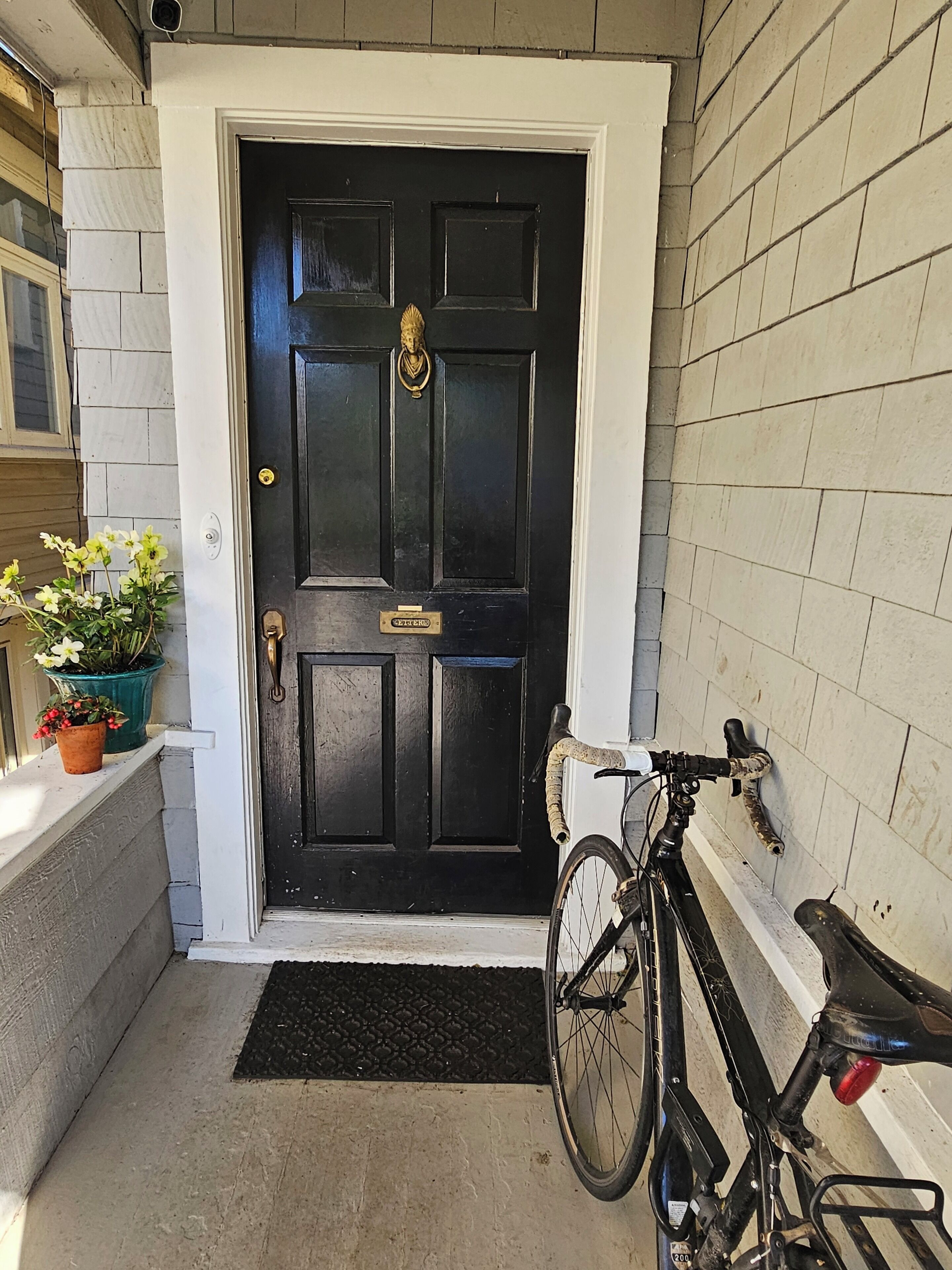 Uma porta preta com uma aldrava de latão, um vaso de plantas e uma bicicleta encostada na parede.