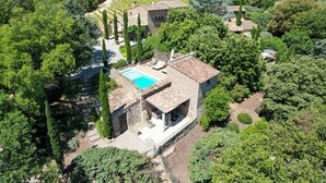 A villa with a swimming pool, surrounded by lush greenery and vineyards.
