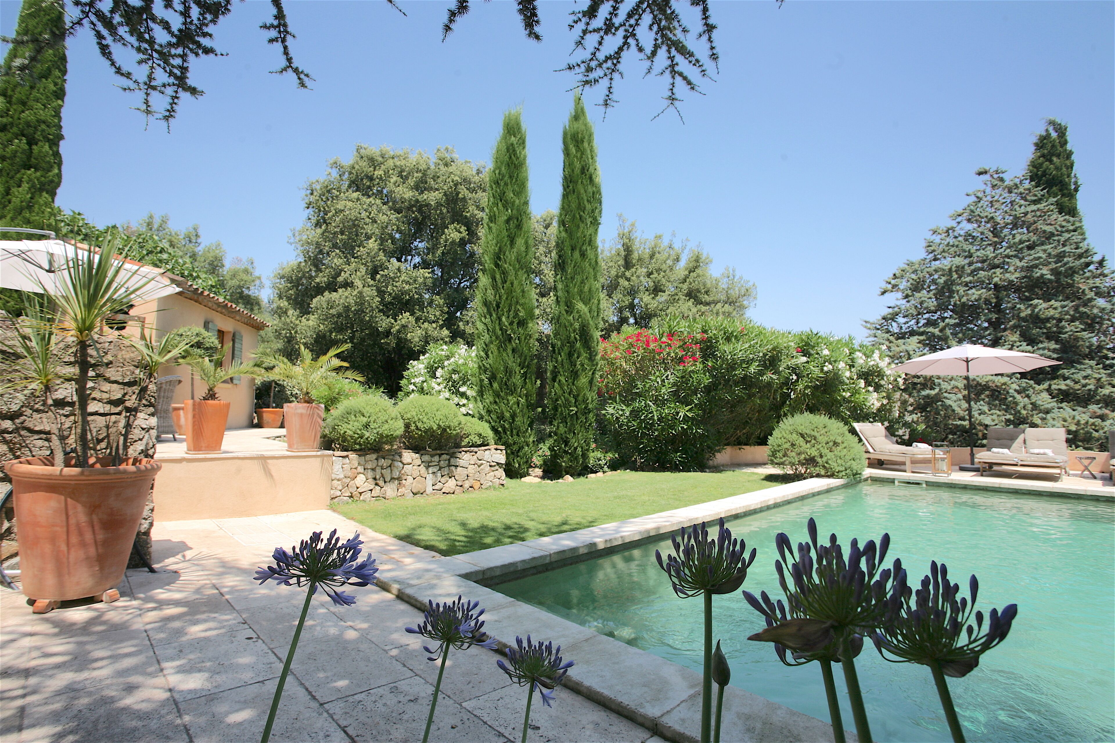 A pool area with a stone wall, potted plants, and a clear blue sky.