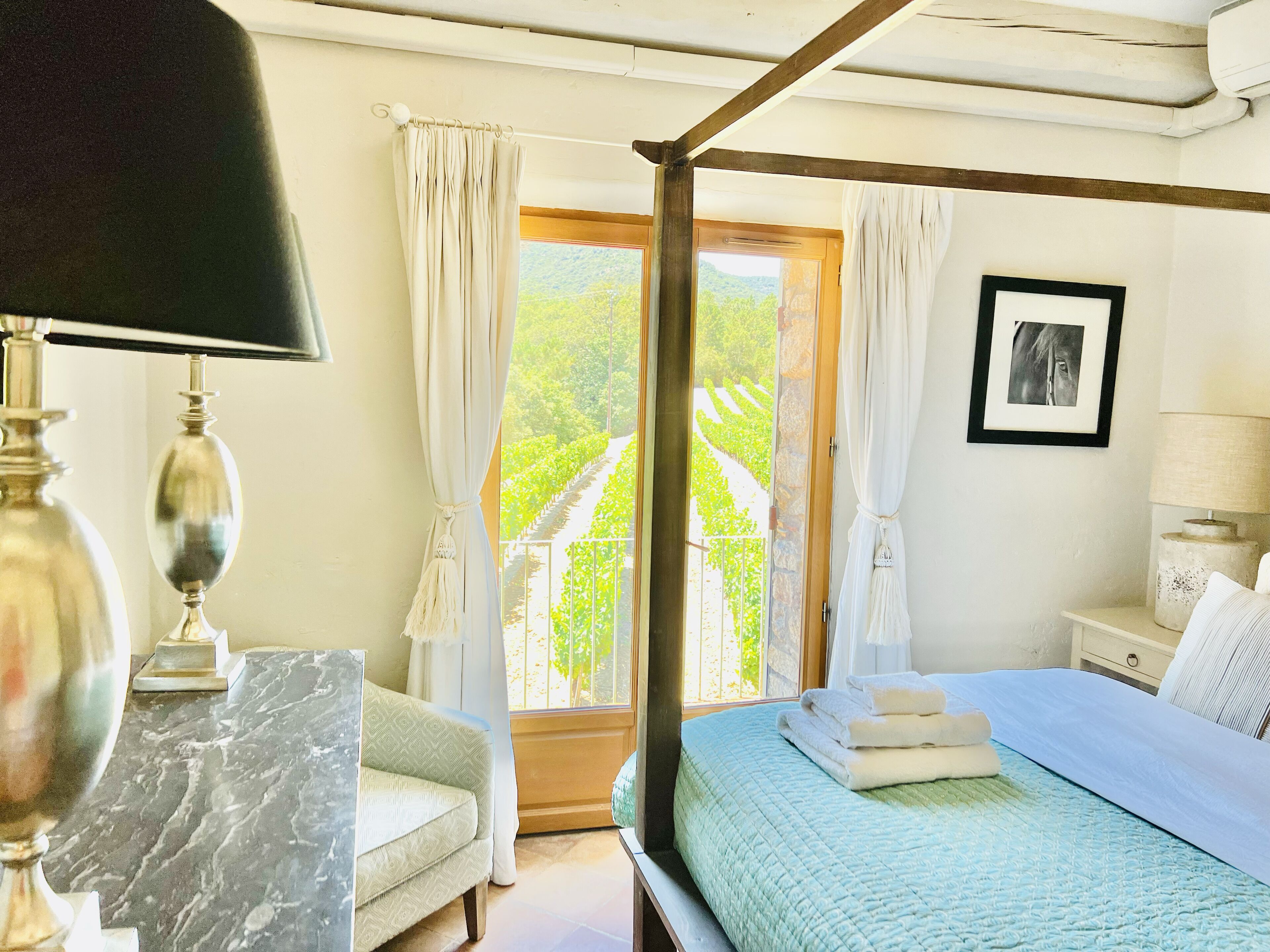 A bedroom with a four-poster bed, a view of a vineyard through a large window, a bedside table with a lamp, and a framed picture on the wall.