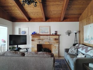 Televisio, DVD-soitin, kirjoja, videokirjasto