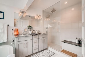 Combined shower/tub, hair dryer, towels, soap