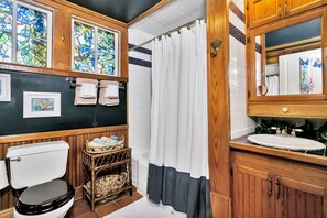 Combined shower/tub, hair dryer, towels