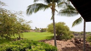 Ein Golfplatz mit Palmen und vielfältiger Vegetation.
