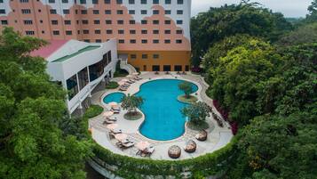 Outdoor pool, pool umbrellas, pool loungers