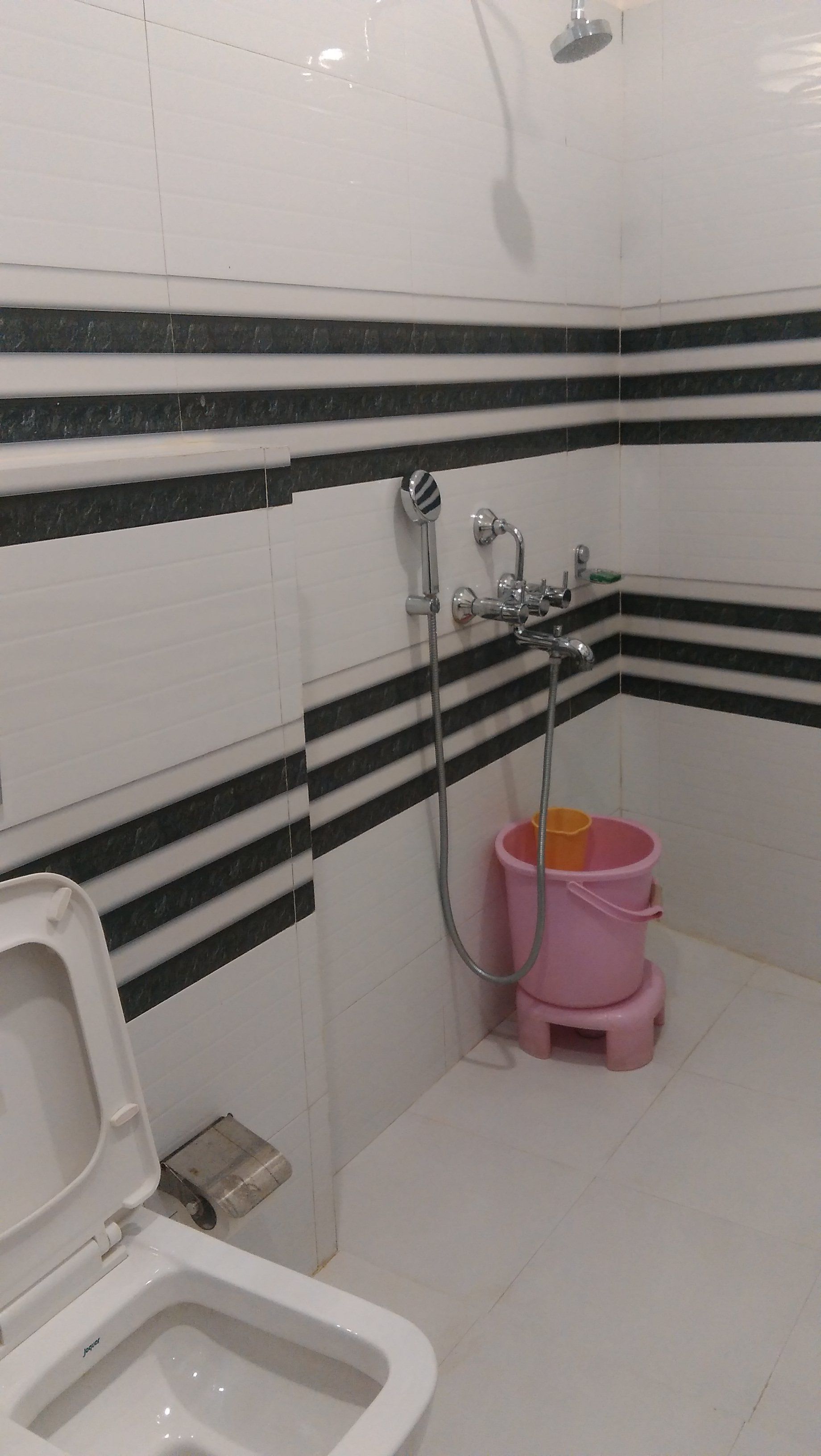 A bathroom with a white toilet, a shower, and a pink potty.