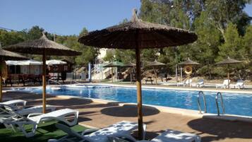 Outdoor pool, pool umbrellas, pool loungers
