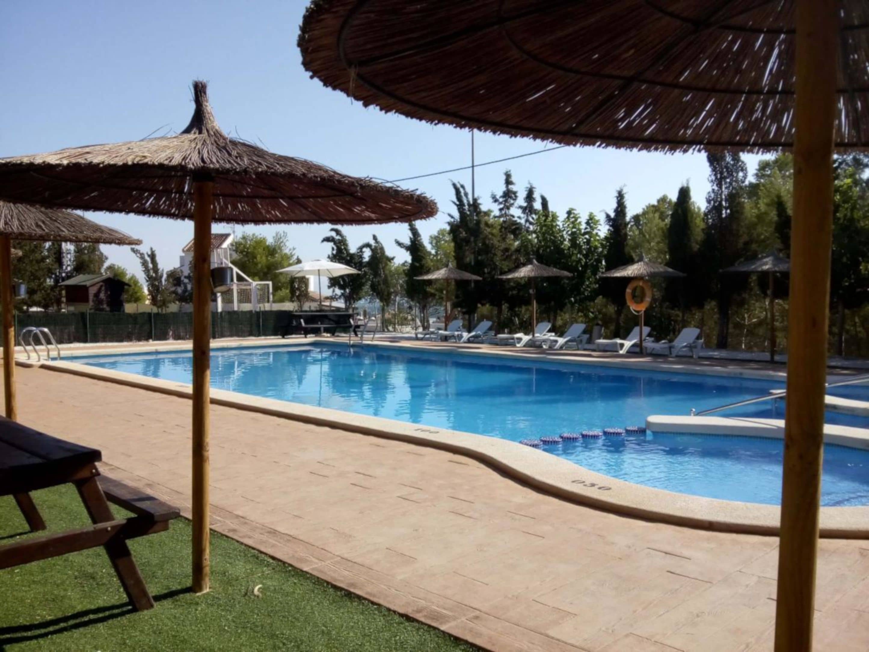 Outdoor pool, pool umbrellas, sun loungers