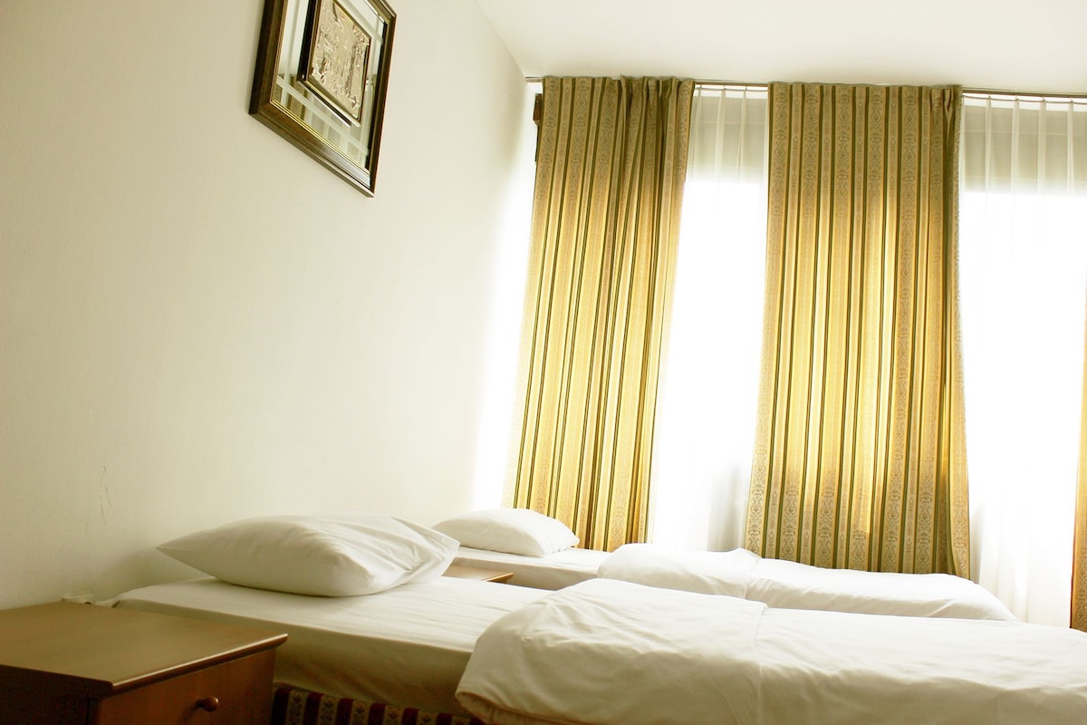 A hotel room with two single beds, a wooden nightstand, a framed picture on the wall, and curtains on the windows.
