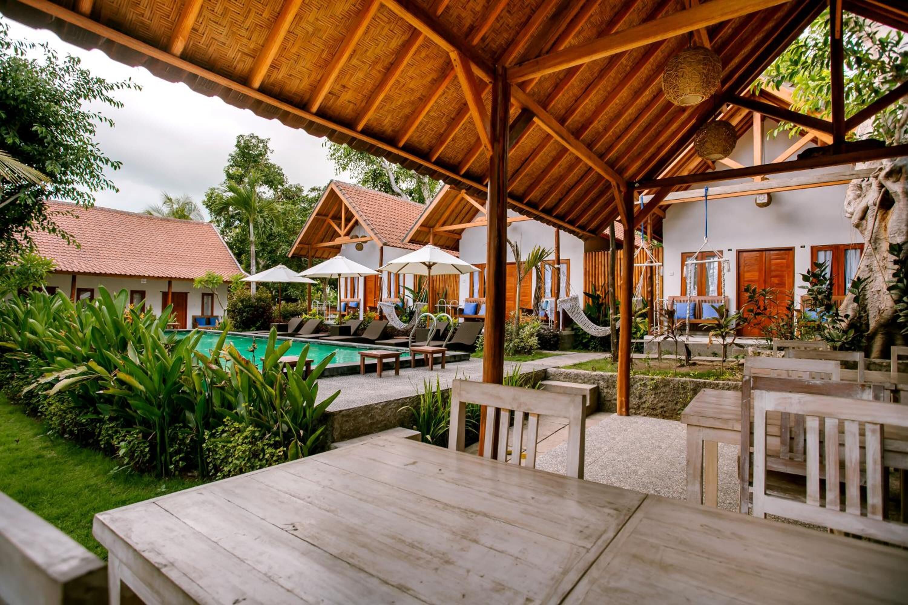A covered outdoor area with wooden tables and chairs, a pool, and umbrellas.