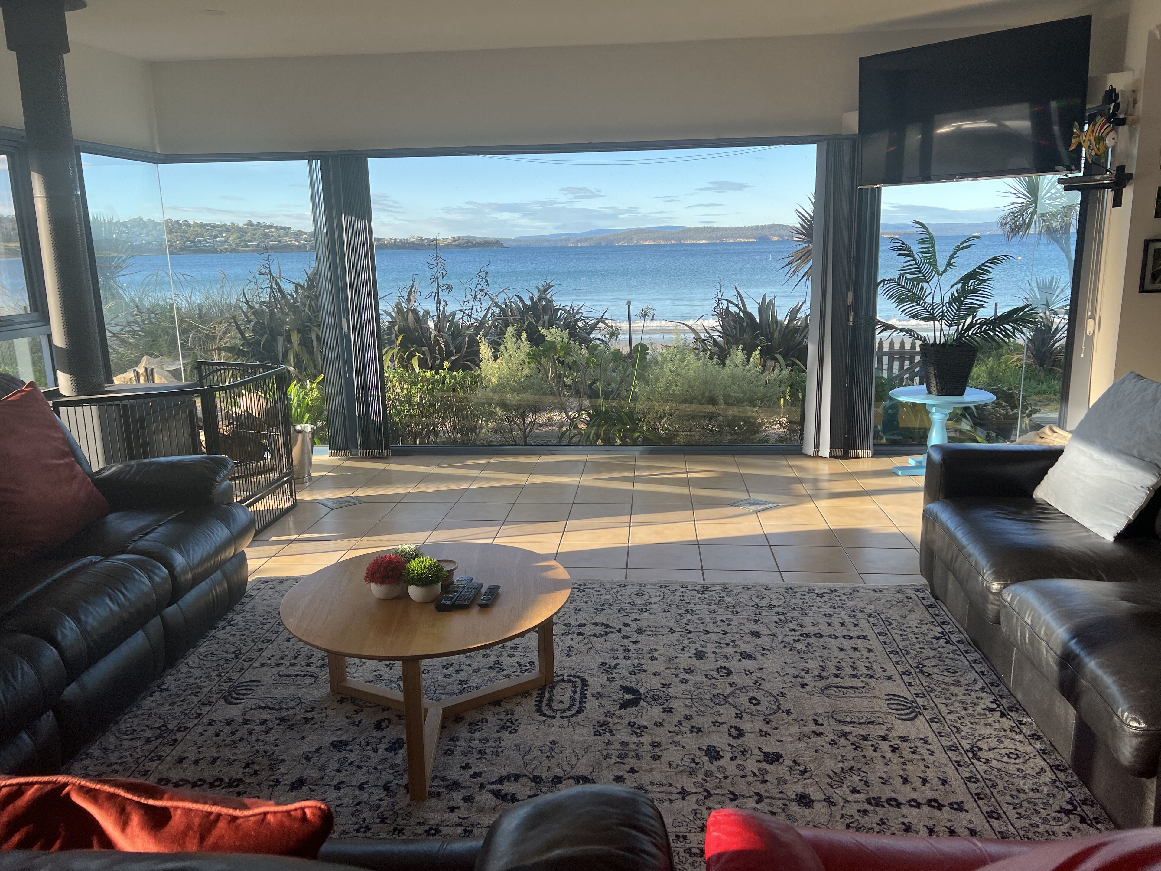 Älytelevisio, takka, DVD-soitin, kirjoja