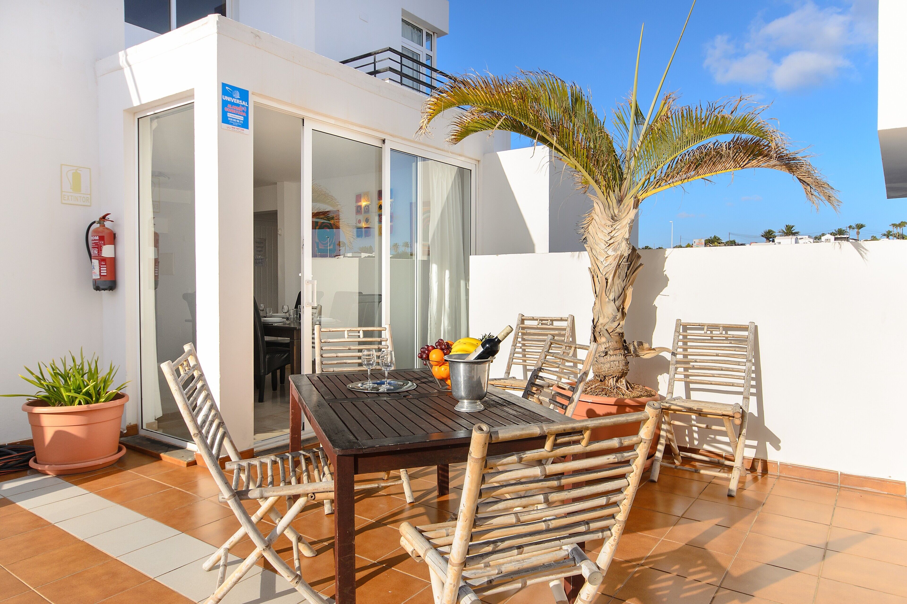 A patio with a table, chairs, a potted plant, and a fire extinguisher.