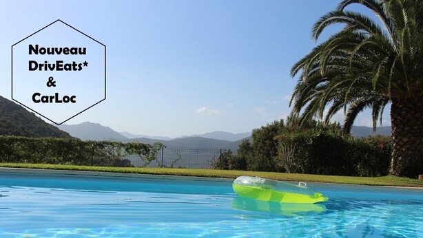 A swimming pool with clear blue water, surrounded by palm trees and a mountainous landscape.
