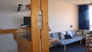 Un espace de vie compact comprenant un coin cuisine, un canapé agrémenté de coussins à motifs et une cloison en bois.