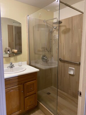 Shower, towels, soap, shampoo