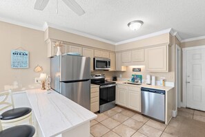 Fridge, microwave, oven, dishwasher