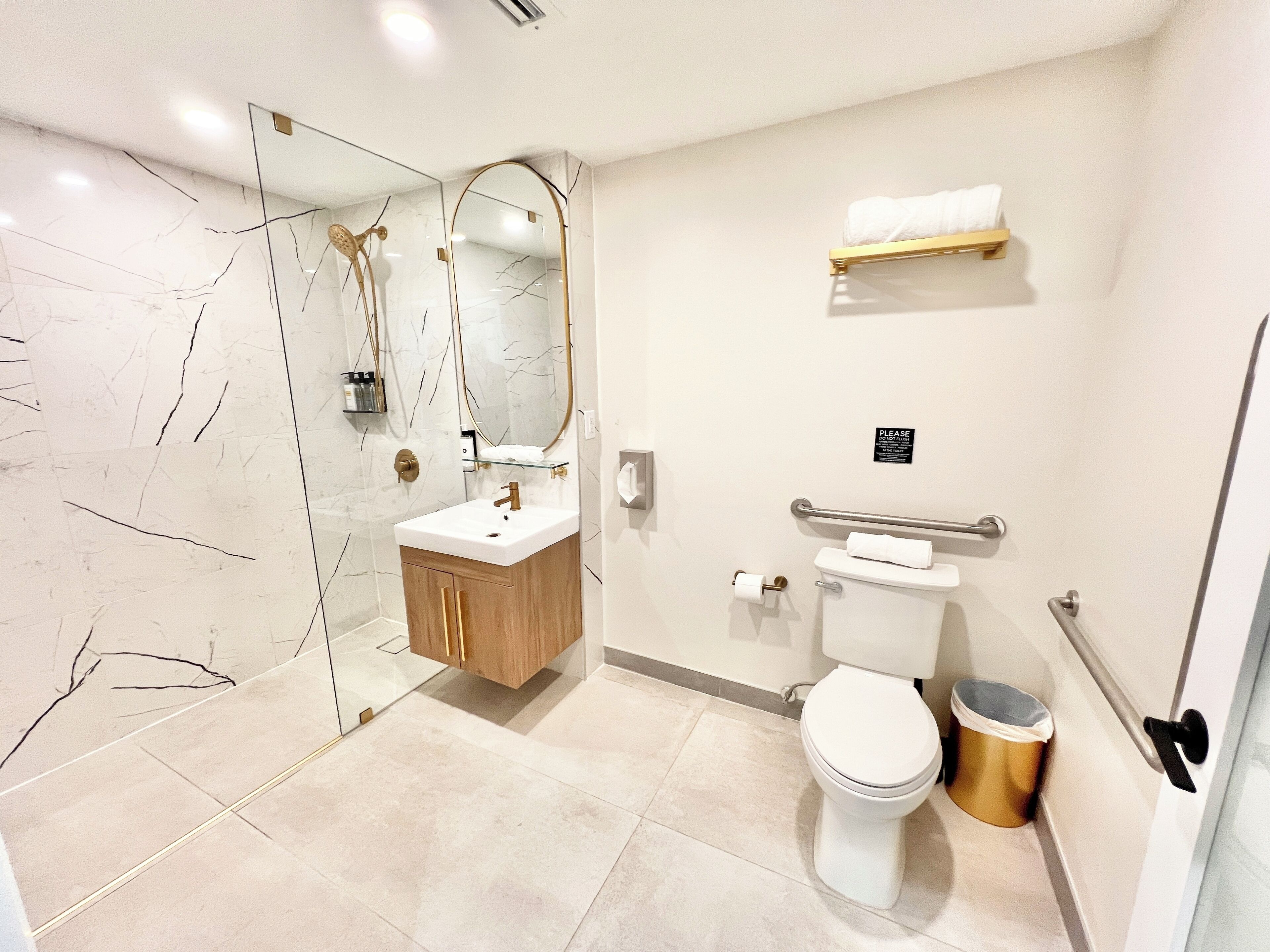 A modern bathroom with a glass shower enclosure, a wooden vanity, a toilet, and a handrail.