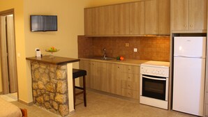 A compact kitchen with wooden cabinets, a built-in oven, a refrigerator, and a stone accent wall. - Alkionis (Lefkada)