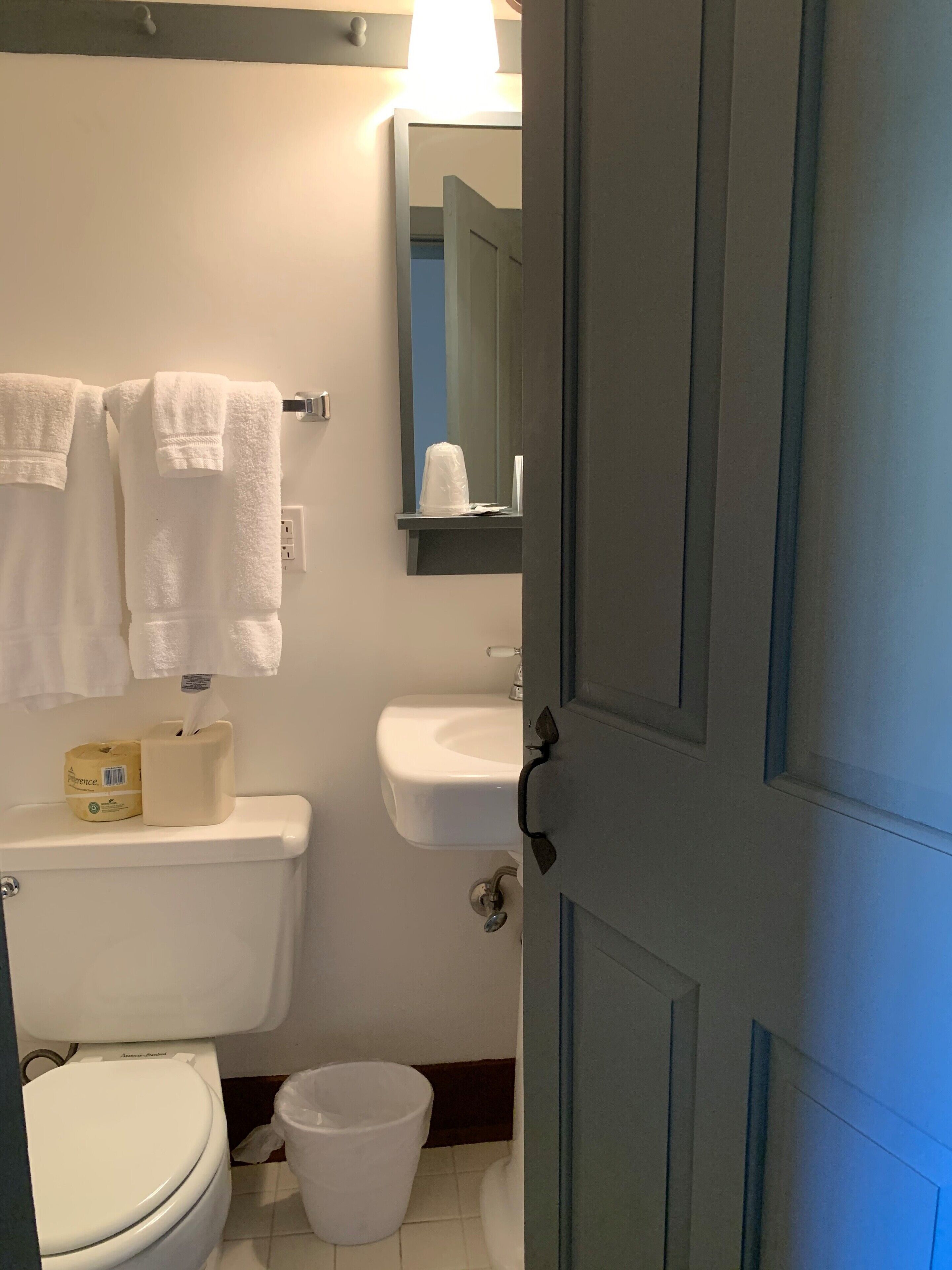 Une salle de bain avec des toilettes, un lavabo et un miroir. Des serviettes sont suspendues à un porte-serviettes et une poubelle est posée sur le sol.