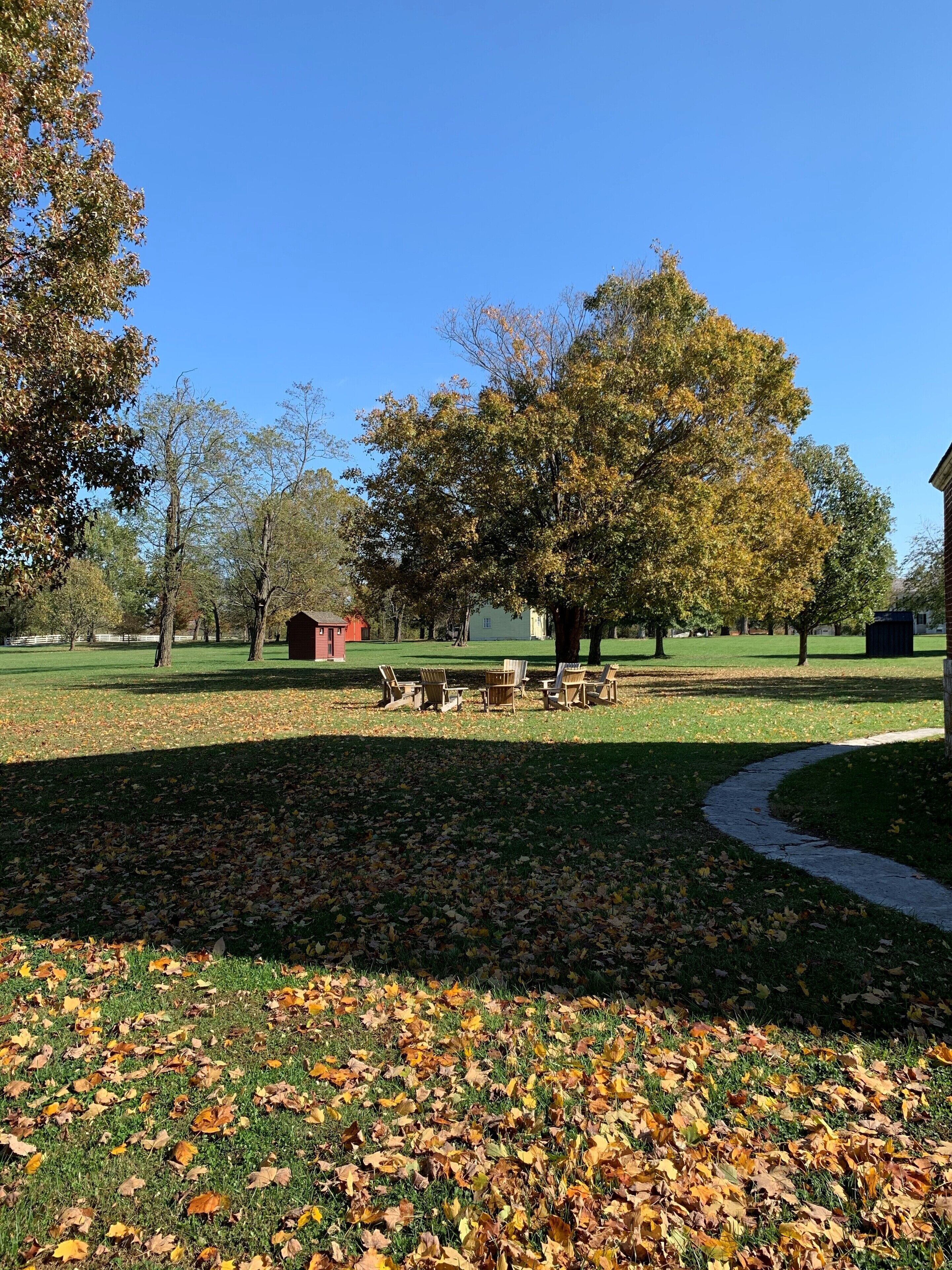 Un parque con zona de picnic, bancos y un árbol grande.