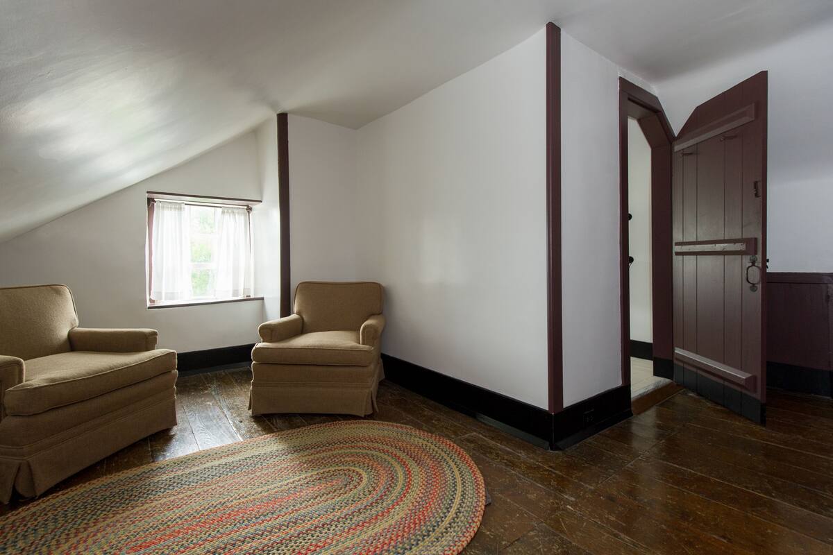 A room with two armchairs, a patterned rug, a window, and a door.