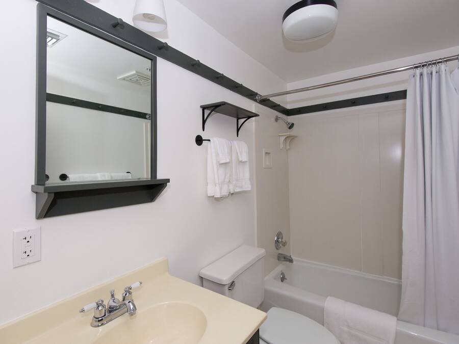 Un baño con lavamanos, inodoro y ducha.