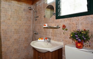 A bathroom with a sink, mirror, shower, and a window with a view.
