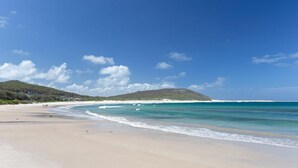 A beach with clear turquoise waters, a sandy shore, and a hill in the background.