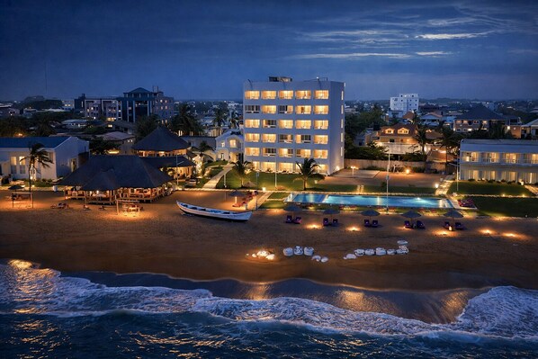 Private beach, white sand, sun loungers, beach umbrellas