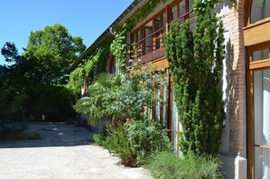 Un edificio con camino de grava, ventanas amplias y vegetación, incluyendo enredaderas y arbustos.