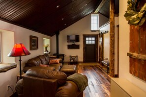 Televisio, takka, DVD-soitin, kirjoja