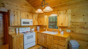Une cuisine rustique aménagée dans une cabane en bois, comprenant un poêle, un four à micro-ondes, un évier et des placards.