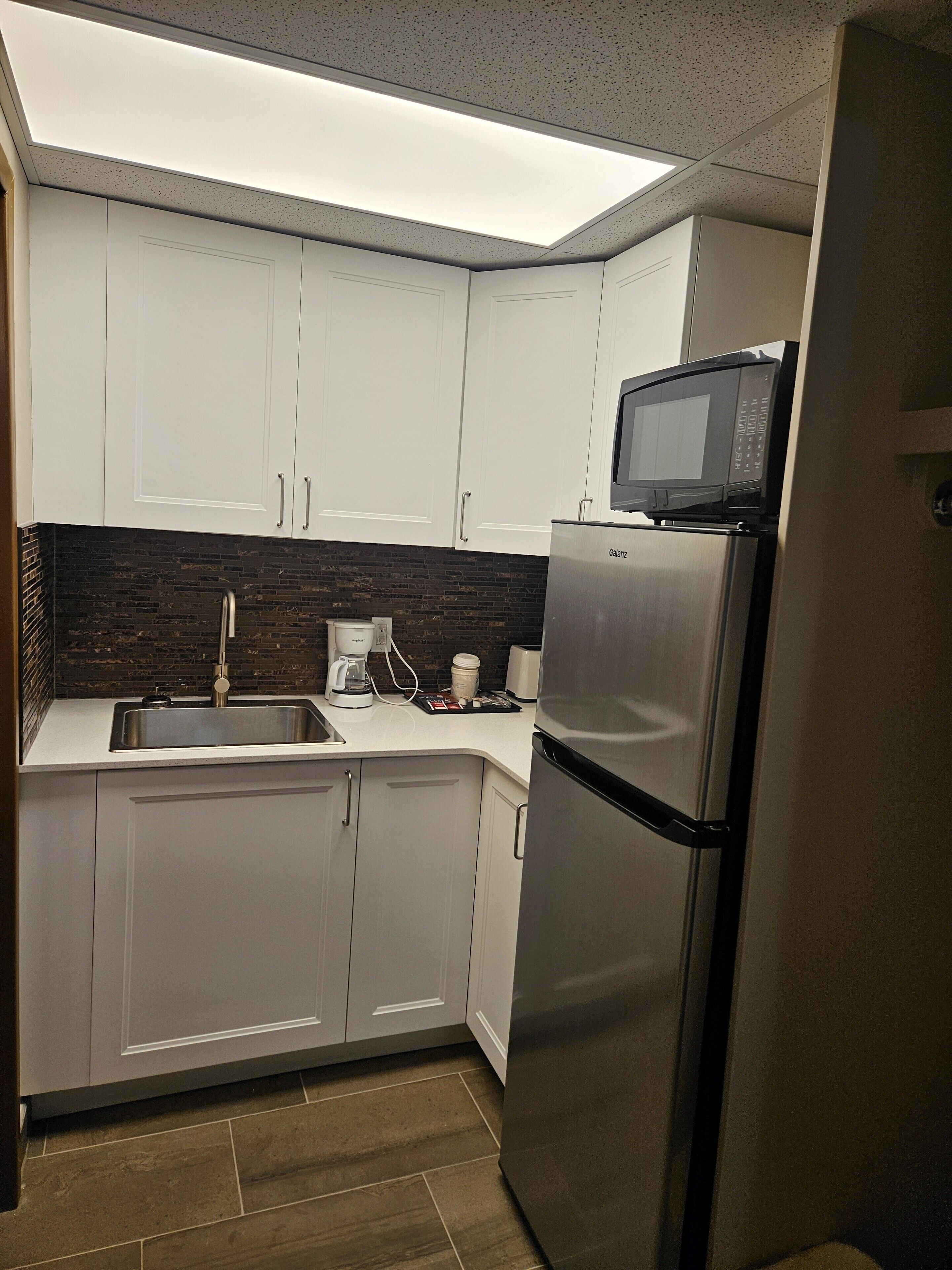 mini-fridge, microwave, coffee/tea maker