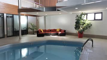 Indoor pool, open 10:00 AM to 10:00 PM, sun loungers