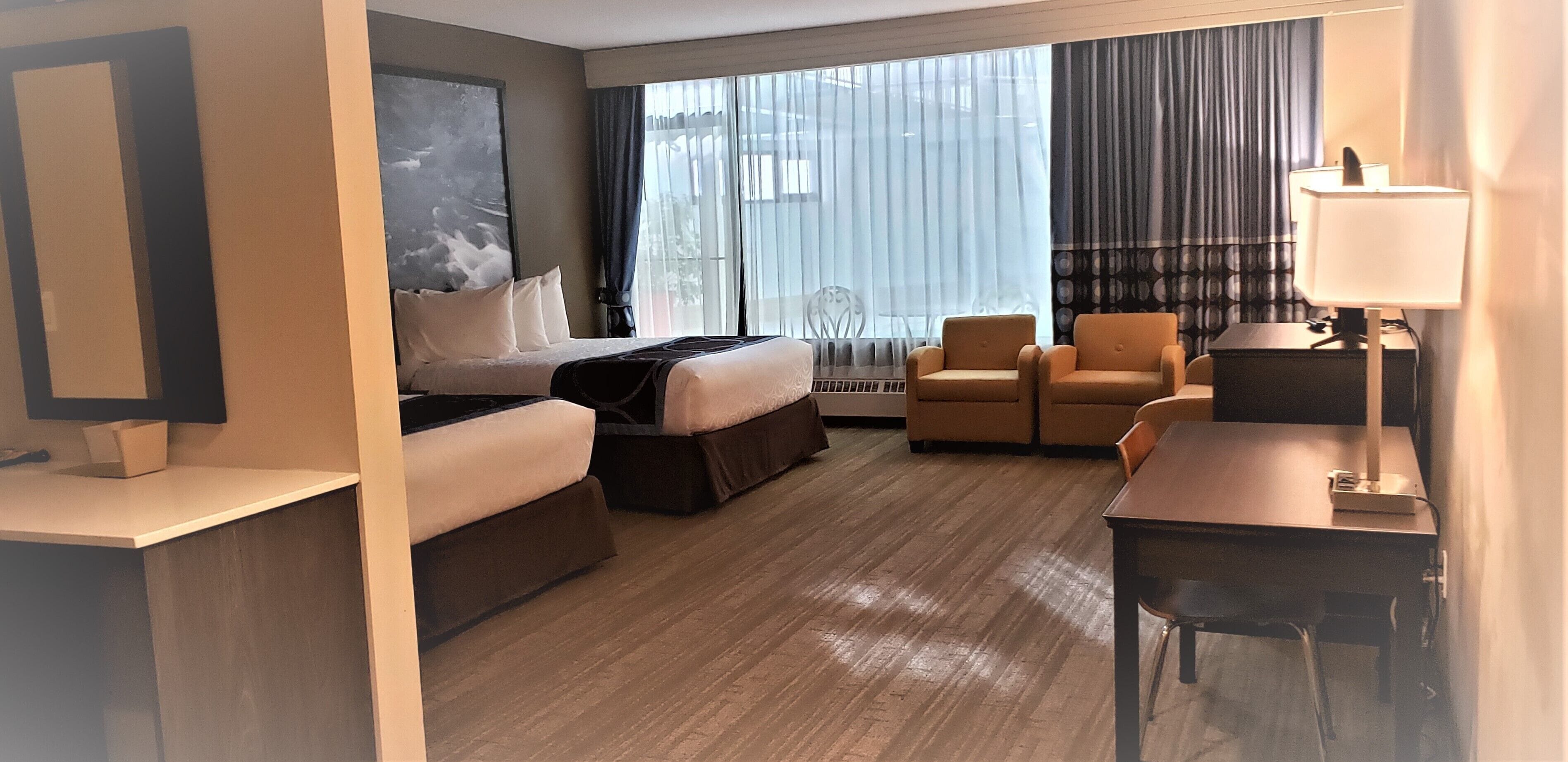 studio suite, 2 queen beds, non smoking, pool view | desk, blackout curtains, iron/ironing board, free wifi