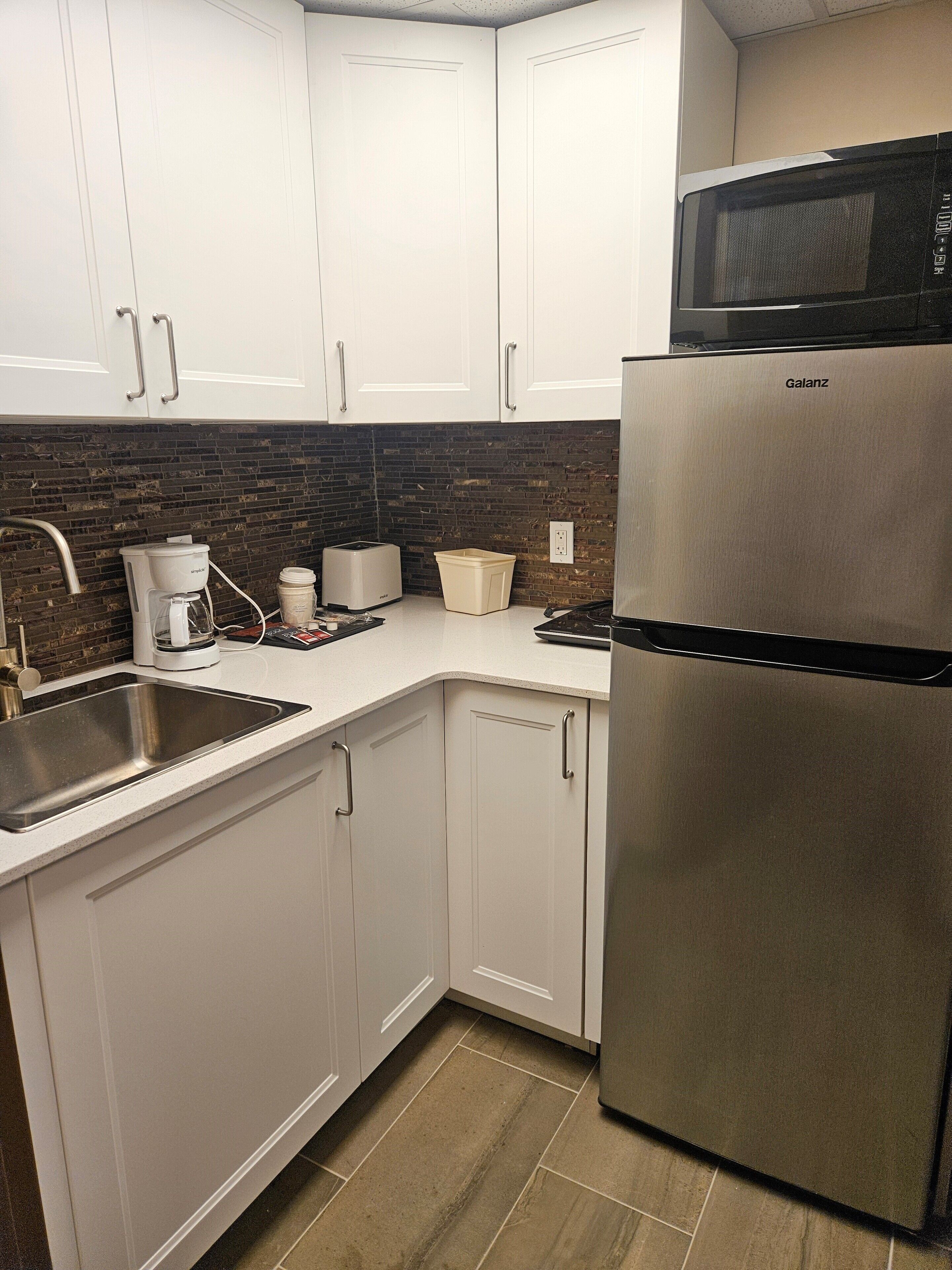 mini-fridge, microwave, coffee/tea maker