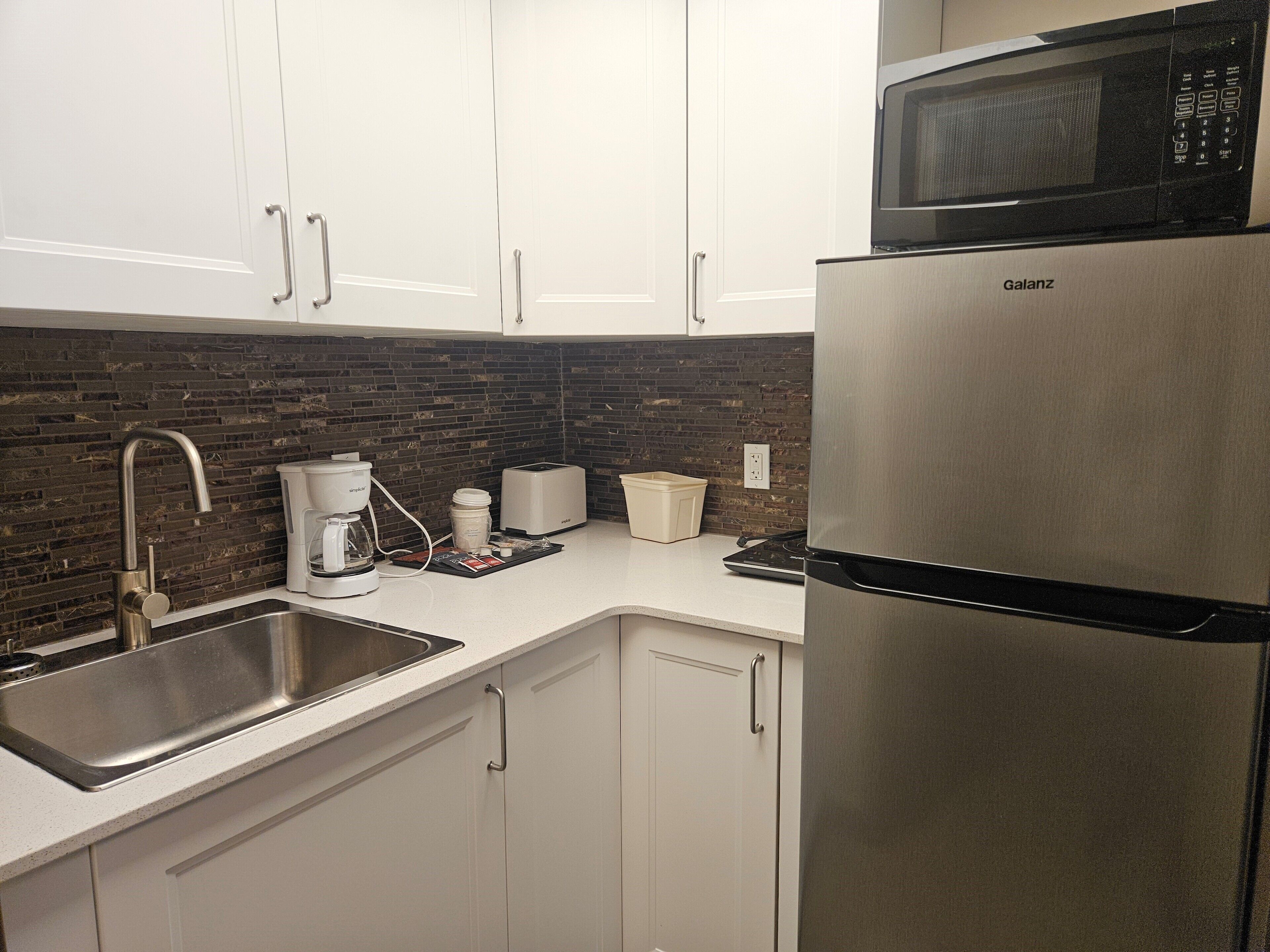 mini-fridge, microwave, coffee/tea maker