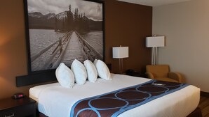 Une chambre d’hôtel avec un lit, une table de chevet avec une lampe, une chaise et un grand tableau encadré représentant un paysage de montagne.