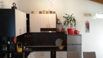 Apartment, 1 Bedroom, Balcony, Sea View | Private kitchen | Fridge, stovetop, electric kettle, cookware/dishes/utensils