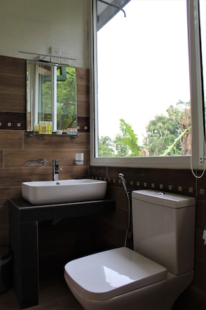 Quarto casal luxo, várias camas, para fumantes, vista para a montanha | Banheiro | Banheira e chuveiro separados, banheira de hidromassagem