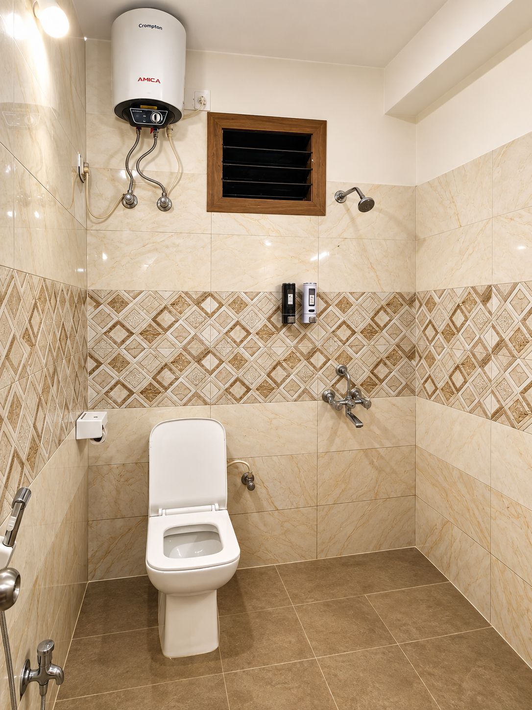 A bathroom with a white toilet, a shower, and a wall-mounted heater.